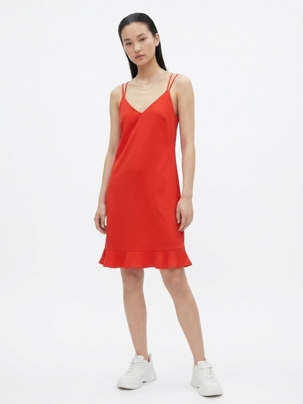ESQUALO Red Slip Dress with Double Straps and Ruffled Hem Minimalist Vacation